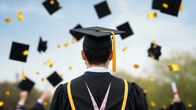 Graduation celebration ceremony with throwing graduation caps and confetti in the air symbolizing academic achievement future success, Generative AI
