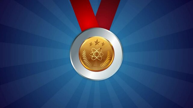 Science competition winner medal with ribbon for physics research achievement animated gold medals winner champion symbol shine in front of blue background