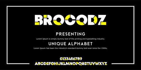 A Modern Bold Alphabet with Unique Typeface on the Black Background Called Brocodz Font,black and white, Vector Illustration