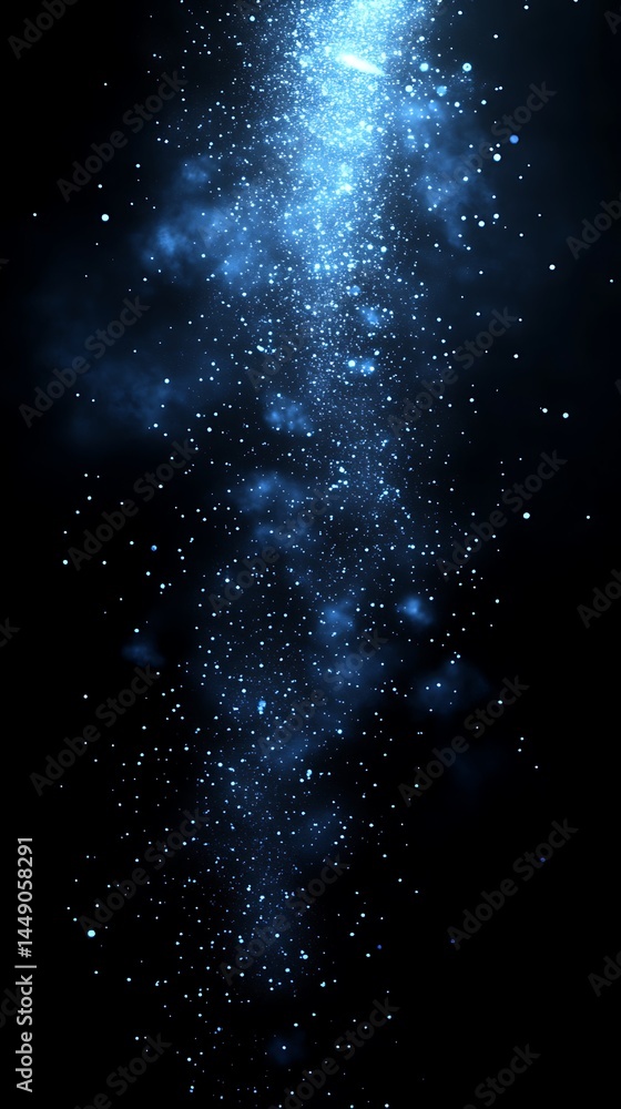 Wall mural sparkling blue particles appear to fall and coalesce against a black background, creating a dynamic 
