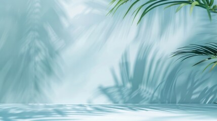 Green tropical palm leaves shadow on light blue wall. Nature inspired background with copy space. Pastel blue wall decorated with tropical green leaves and white light shining though. Minimal. AIG55.