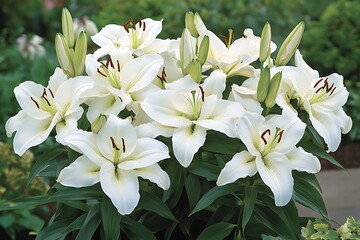 The beautiful cluster of white lily flowers bloom with green buds and lush leaves