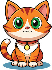 Adorable Vector Cat with Green Eyes and Red Collar.