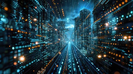 Obraz premium Immerse in a vibrant futuristic cityscape filled with digital elements and glowing lights. A stunning visual representing technology and modern architecture.