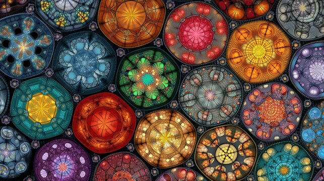 A vibrant, abstract mosaic pattern composed of circular shapes in a variety of colors and intricate designs. The arrangement includes hexagonal and octagonal forms, featuring floral and geometric moti