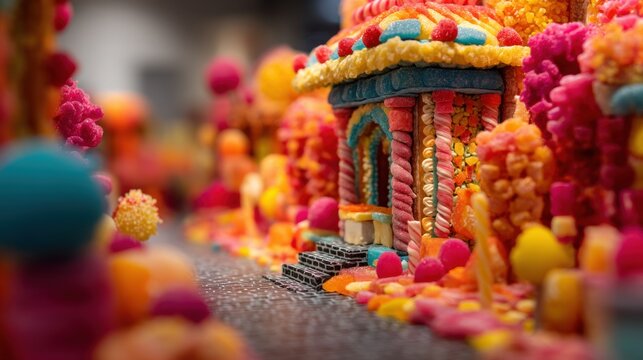 A vibrant and whimsical candy-themed landscape featuring a colorful sugary structure resembling a small house, adorned with various confections like gummy candies and lollipops. Nearby are bright cand