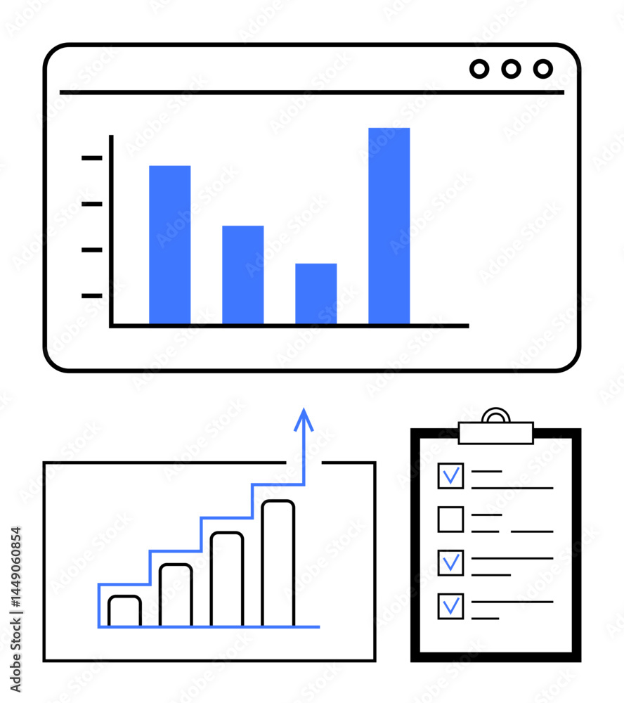 Aufkleber bar chart in browser window, rising graph, and checklist with checkmarks conveying growth, performan