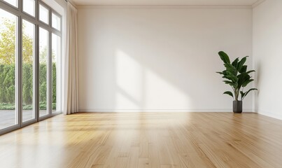Empty, bright room with large windows overlooking a garden. Natural light streams in, highlighting the wooden floor and white walls. A potted plant sits in the corner