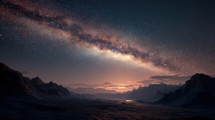 Fototapeta premium A breathtaking panoramic view of a galaxy arching across a night sky, featuring countless stars. The foreground presents a rugged, mountainous terrain, with a serene body of water reflecting the vibra
