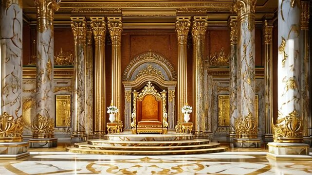 Majestic throne room interior adorned with gilded columns ornate details and a regal chair symbolizing power authority and historical grandeur
