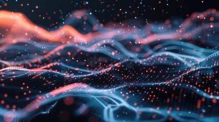 Obraz premium Abstract picture micro light sparkling particle represent data flow vivid flowing wave with high tech background, create digital effect scene perfect for energetic and fantasy wallpaper design. AIG53.