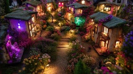 A beautifully crafted miniature village scene at night, featuring quaint houses adorned with colorful flowers and fairy lights. The pathway is lined with vibrant blooms, and soft warm lights emit a co