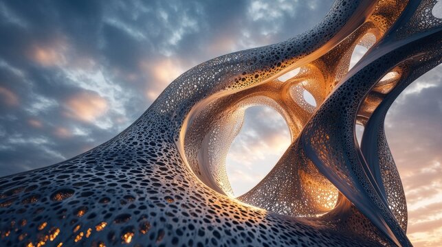 A striking abstract architectural structure featuring intricate, organic forms that create a dynamic interplay of light and shadow. The design showcases an array of interconnected, porous surfaces wit