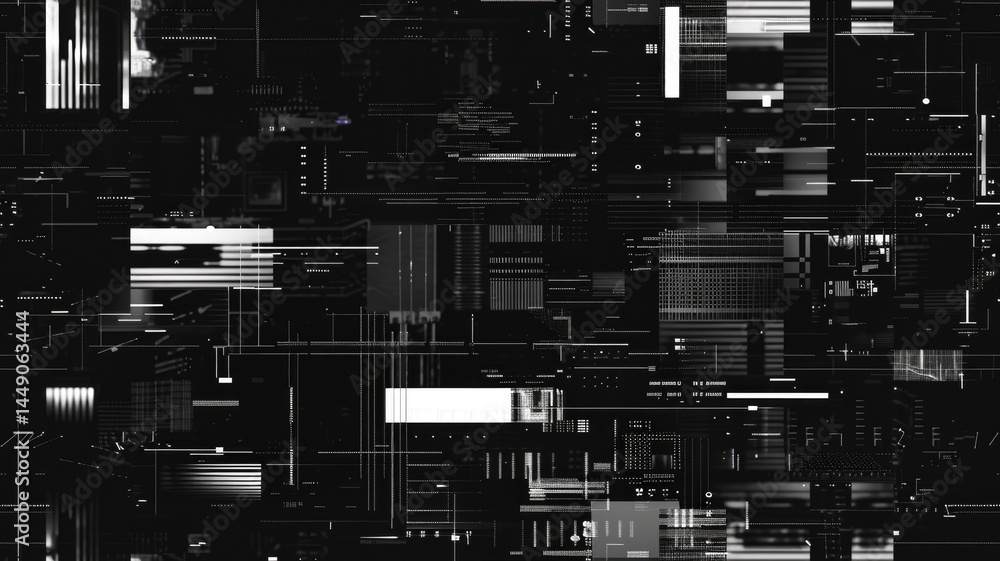 Poster The abstract picture of glitch circuit in square shape sketched by black color use shading to express software effect and algorithm graphic of digital chip through modern and electronic style. AIG53.