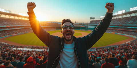 Excited fan celebrates victory at baseball stadium