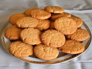 Round, light brown cookies on a plate.  Many cookies stacked neatly