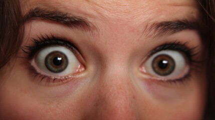 Fototapeta premium Close-up portrait of a person exhibiting wide, expressive eyes, conveying feelings of surprise or shock. The image captures intricate details of the eyes, including the eyelashes and eyebrow structure