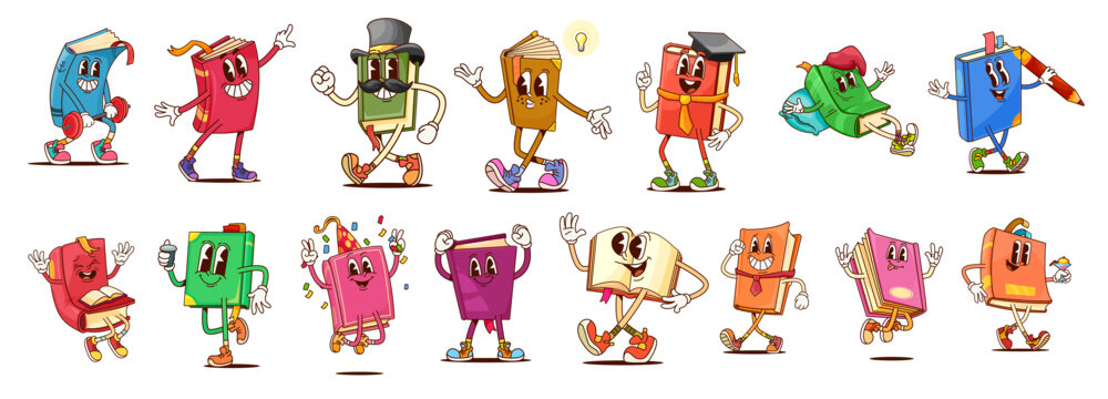 Groovy textbook and bestseller book characters, vector school library and kids education. Cartoon psychedelic books with happy smiling faces. Groovy textbooks with idea light bulb, graduation hats