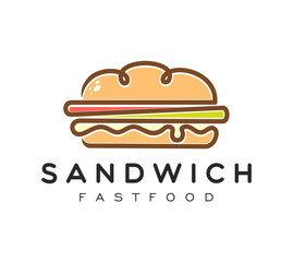 Sandwich icon for fast food snacks and BBQ grill restaurant, vector emblem. Cheeseburger, burger or hamburger sandwich sign with ham, cheese, lettuce and sauce in bun for bakery and fast food menu