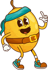 Cartoon groovy tropical fruit pirate or corsair character, vector comic personage. Groovy pirate or Caribbean corsair tropical exotic fruit with sailor bandana and funny smile on cute silly face