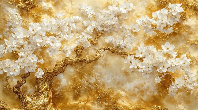 Fototapeta Elegant Gold Tree Branches with Delicate White Blossoms Luxurious Golden Texture Artistic Floral Design Beautiful Spring Flowers High Resolution Image Premium Quality Background Golden White Floral   