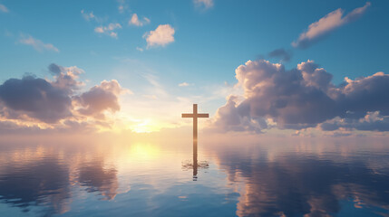 A serene cross stands above calm water at sunrise, surrounded by dramatic clouds and a glowing sky.