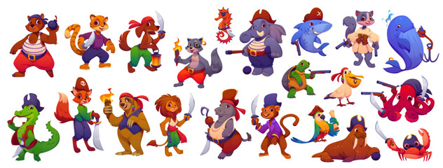 Cartoon funny animal pirate corsair characters. Bear, dog and raccoon, elephant or shark. Squirrel, whale, turtle or crocodile, fox, parrot and pelican. Octopus, sloth and lion, hippo or monkey, crab