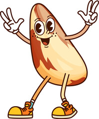 Cartoon groovy Brazilian nut character strikes a lively pose with cheerful smile and playful peace gesture exuding confidence and charm. Isolated vector retro food personage promotes healthy eating