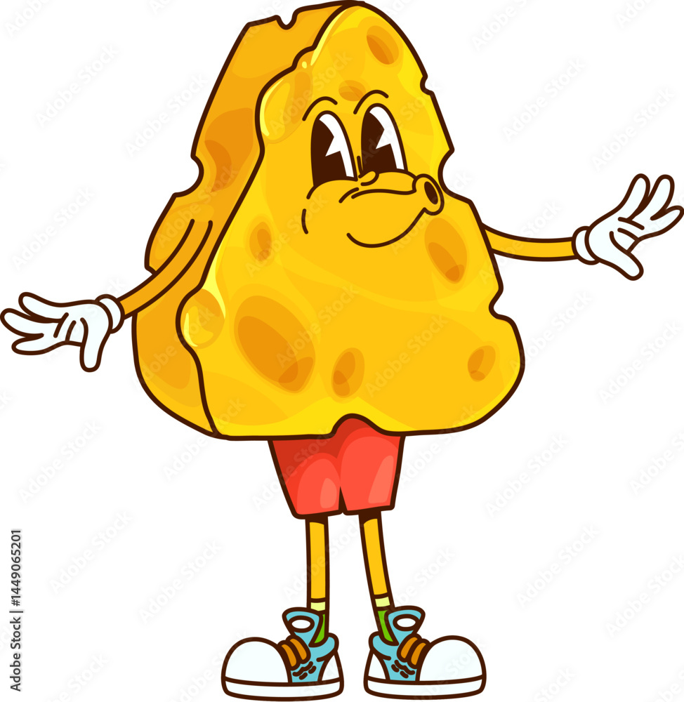 Aufkleber cartoon groovy cheese character in red pants. isolated vector lovable triangular piece of cheese foo