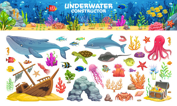 Underwater sea landscape constructor with cartoon sea animals, fish and plants, vector game UI assets kit. Underwater ocean landscape with sunken ship, dolphin and whale, treasure chest and corals