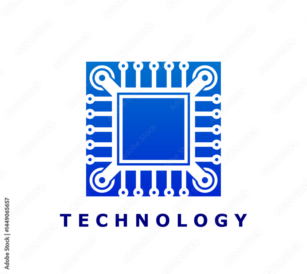 Poster Computer chip icon for AI technology and computer chipset or digital tech, vector emblem. Blue chipset icon for artificial intelligence or smart AI applications and digital technology company badge