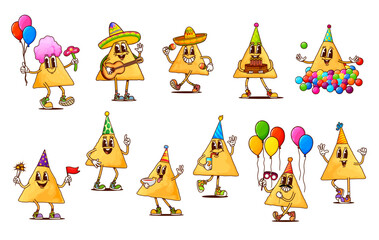Groovy mexican nachos chips characters at party, vector snack food of Mexico cuisine. Cartoon retro corn tortilla nacho personages having fun with birthday cake, balloons, sombrero, guitar and maracas