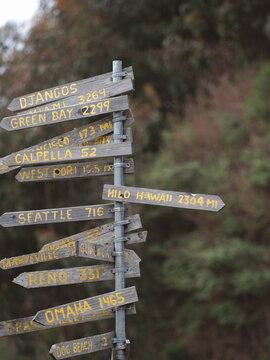 Whimsical Wooden Mileage Signpost, Mendocino County, California