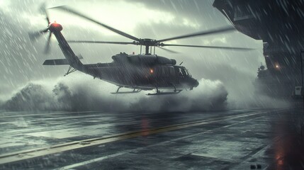 Helicopter flying over gloomy landscape
