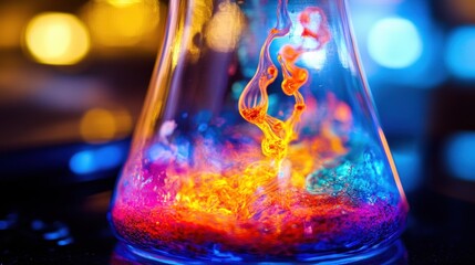 A vibrant close-up photo of a glass beaker filled with colorful liquids creating mesmerizing swirls of orange, blue, and purple against a blurred bokeh background. The dynamic movement of the fluid ca