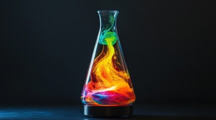 A colorful liquid swirl is contained within a glass laboratory flask, showcasing vibrant hues of red, orange, yellow, green, and blue against a dark background. The fluid exhibits a dynamic movement, 