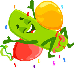 Cartoon math division sign character birthday holiday celebration. Isolated vector cheerful personage with colorful balloons and confetti expresses excitement and joy symbolizing fun learning for kids
