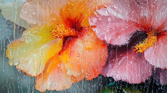 A close-up view of colorful hibiscus flowers, featuring vibrant shades of yellow, orange, and pink. The petals are glistening as if covered with water droplets, creating a fresh and lively appearance.