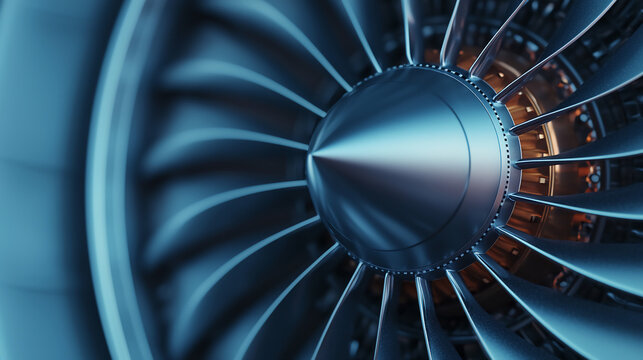 A close-up view of a modern jet engine turbine, showcasing metallic blades and detailed engineering components.