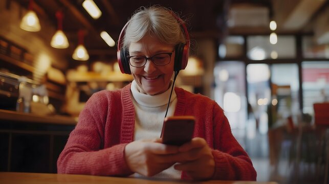Senior Woman Listening to Music on Smartphone with Headphones in Cozy Cafe