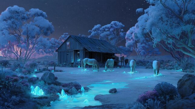 A serene night scene depicting a barn surrounded by ethereal blue glowing plants and crystal formations. Several horses are grazing peacefully in the soft illumination, with a sky full of stars shimme - Powered by Adobe