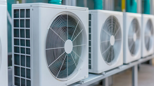 Row of modern air conditioning units installed outdoors for cooling and ventilation.