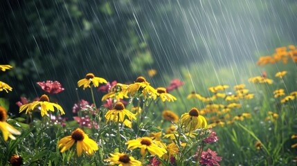 A vibrant close-up view of a flower garden under gentle rainfall, featuring clusters of bright yellow coneflowers and pink petals amidst lush green foliage. The drops of rain glisten as they fall, cre