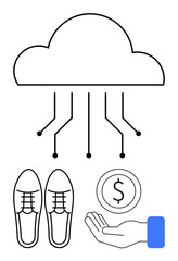Cloud with digital connections, hand offering money, shoes symbolizing retail. Ideal for technology, innovation, e-commerce, finance, shopping, cloud services simple landing page