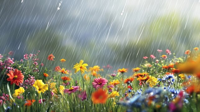 A vibrant field of multicolored flowers drenched in rain, creating a fresh and lively atmosphere. The flowers range in hues from deep reds and yellows to soft pinks and blues, standing resilient under