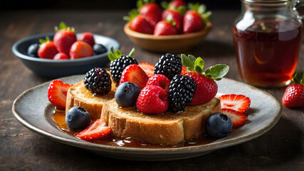 French toast with mixed berries and syrup