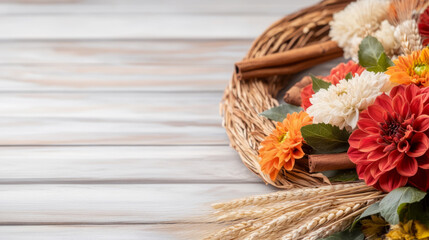 Elegant autumn wreath with flowers and cinnamon for seasonal home decor
