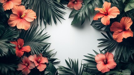 Tropical Hibiscus Frame:  Floral Design, Flat Lay, White Background