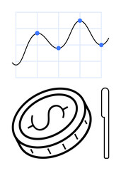Line chart with data points, dollar coin, and pen. Ideal for finance, economy, investment, business, analytics, planning success representation simple landing page