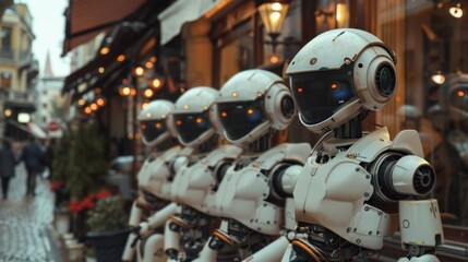 Futuristic robots line up on a city street
